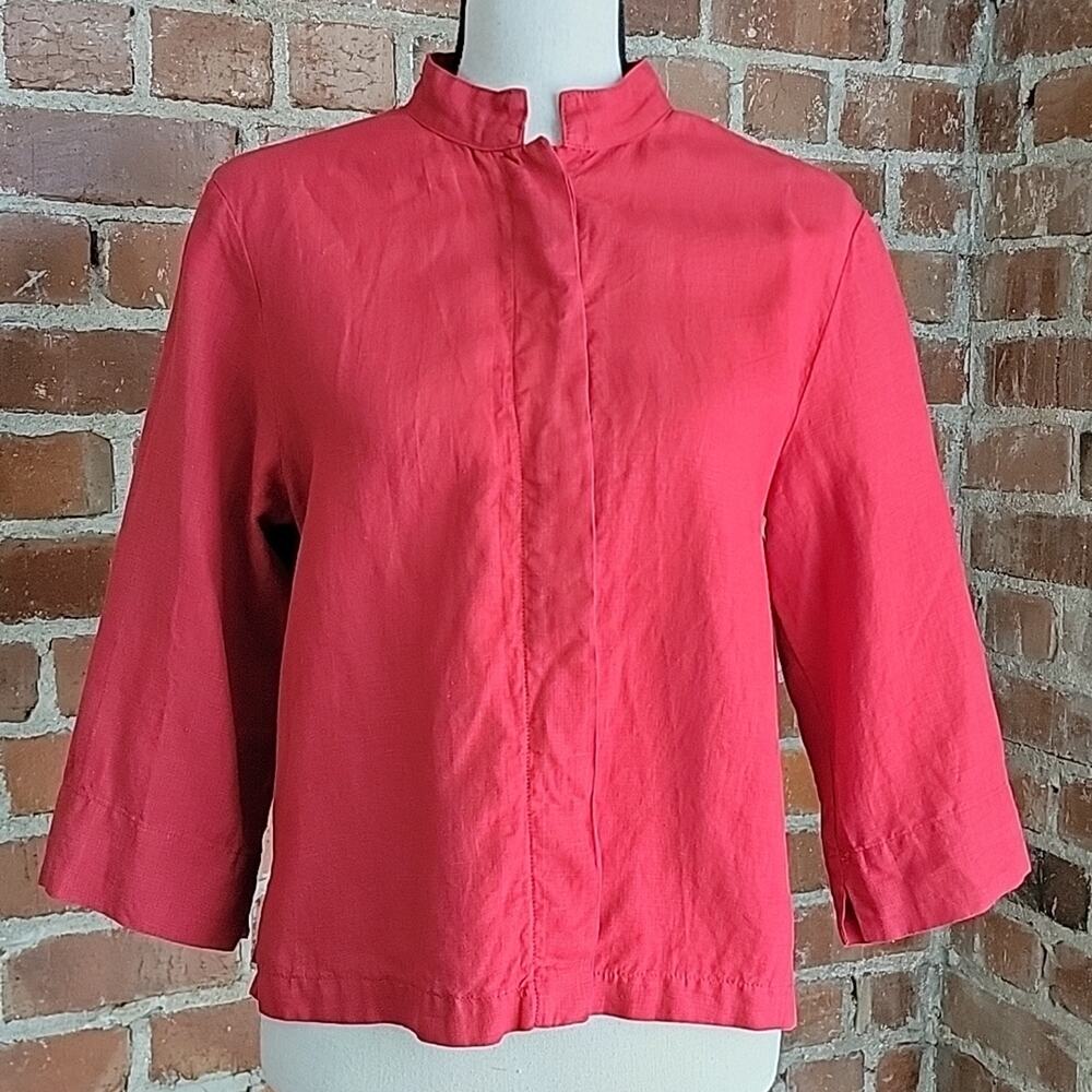 Bryn Walker Mandarin Collar Hidden Button Red Linen Blouse S